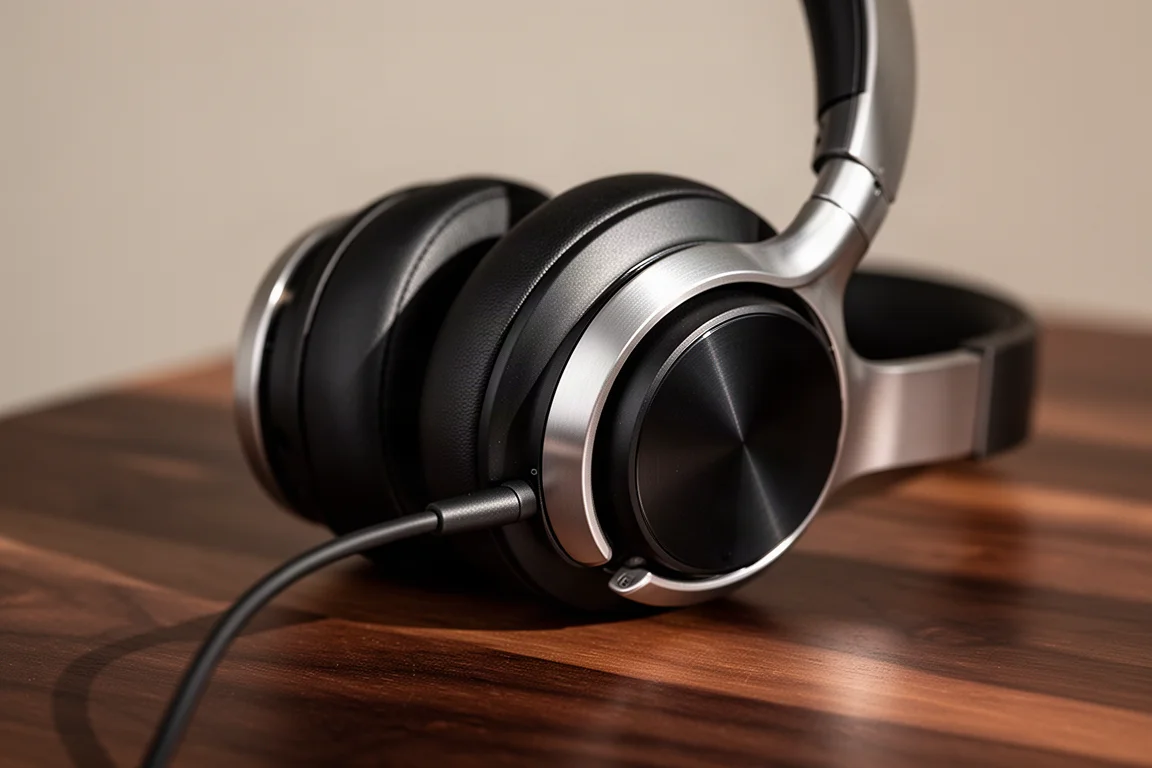 Primo piano del padiglione di una cuffia over-ear appoggiata su una superficie in noce scuro