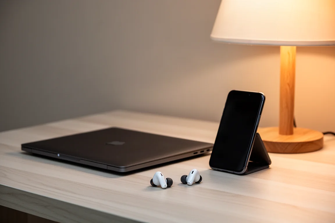 Scena serale alla scrivania con laptop, smartphone e auricolari wireless sotto la luce di una lampada
