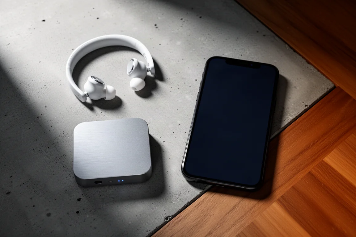 Overhead flat lay of wireless earbuds, a compact music streamer, and a smartphone on concrete