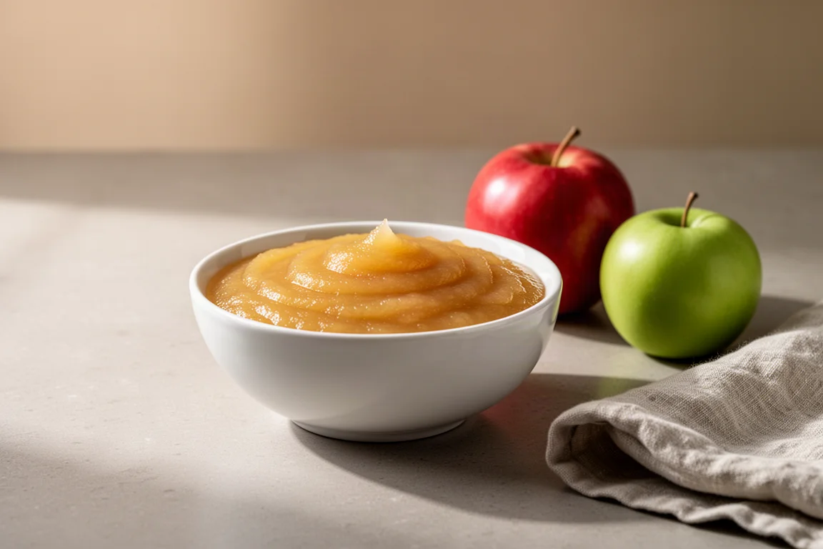 Un bol de compote de pommes lisse sur un plan de travail avec des pommes fraîches à proximité