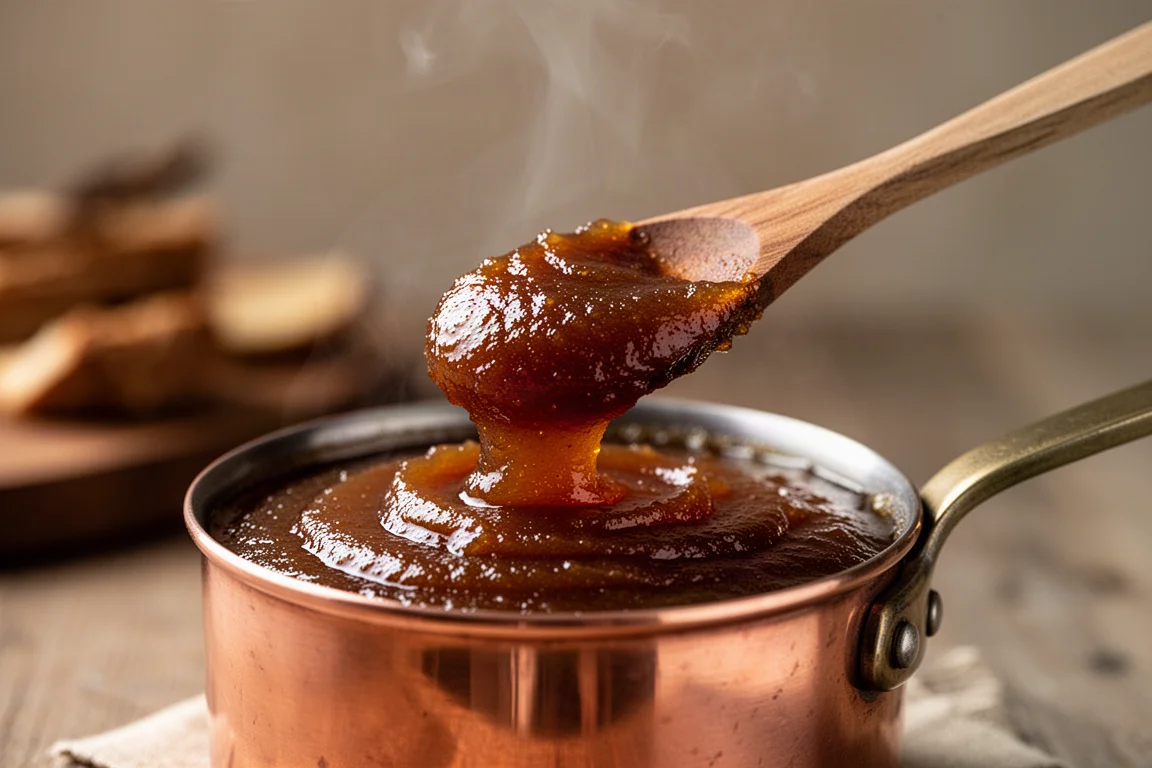 Du beurre de pomme remué dans une petite casserole avec une cuillère en bois