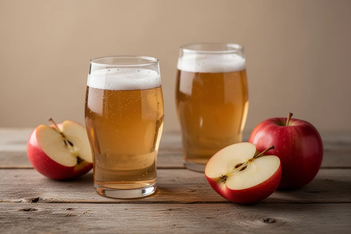 Des verres de cidre alcoolisé sur une table en bois dans une ambiance chaleureuse de pub