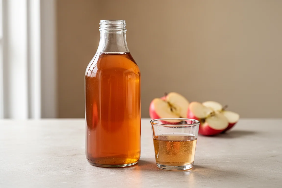 Une bouteille de vinaigre de cidre de pomme à côté d'un petit verre du liquide ambré