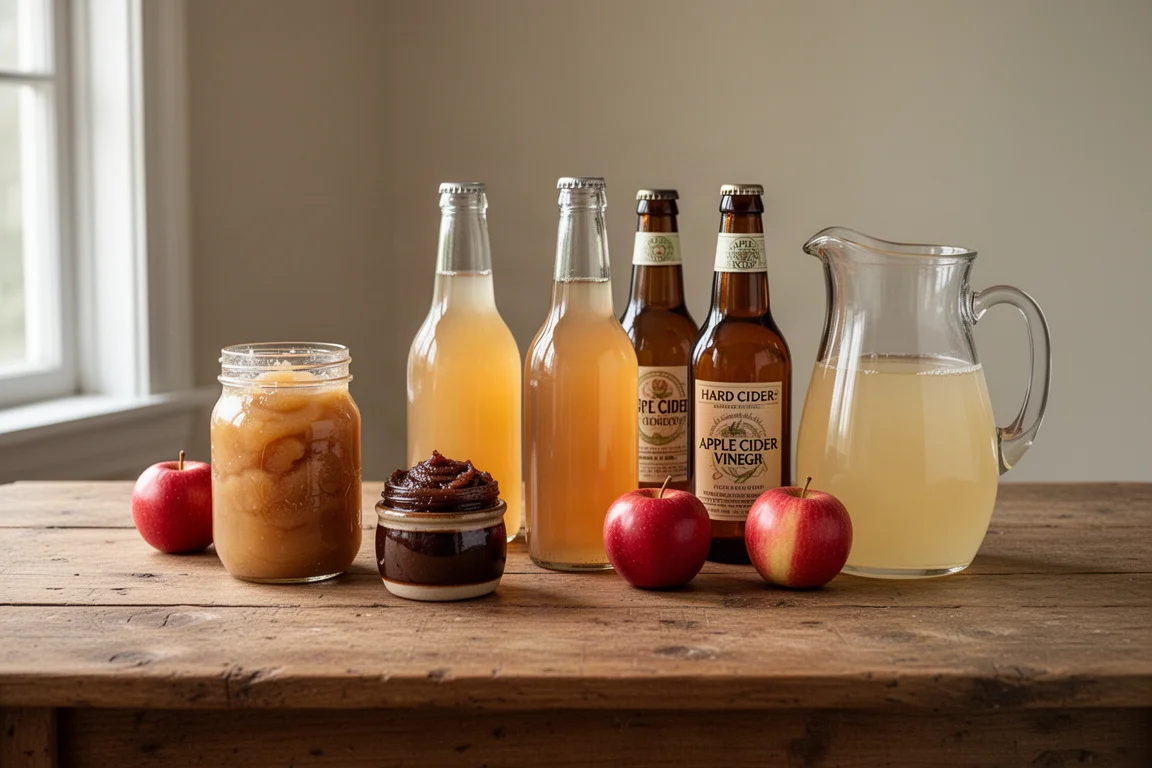 Assortment of apple products including applesauce, apple butter, cider, vinegar, and juice on a wooden table