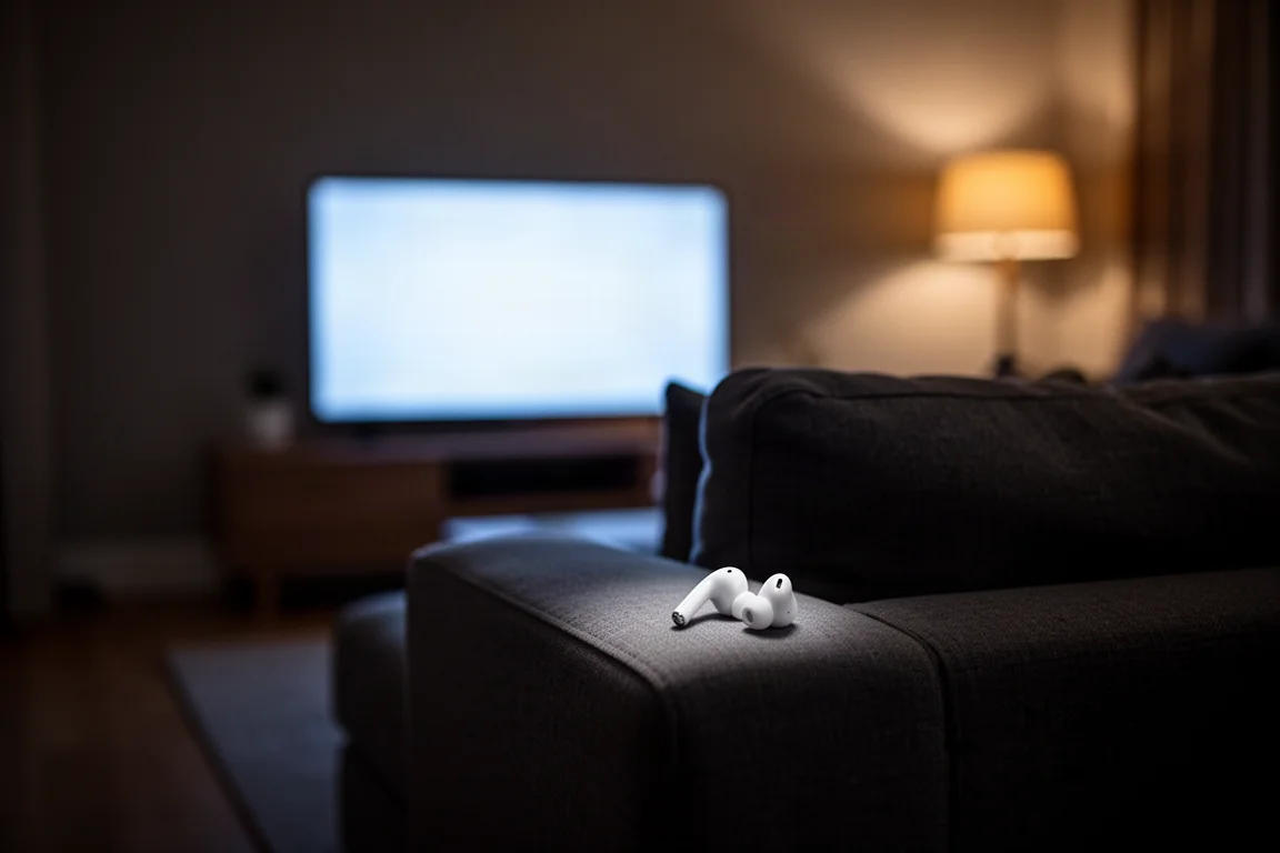 Dimly lit living room at night with a glowing television and earbuds on a sofa arm