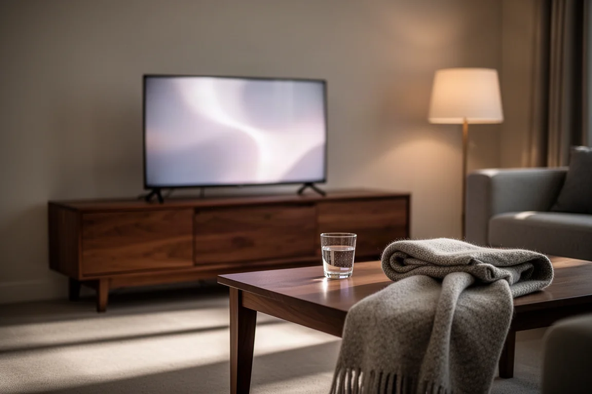Quiet living room in the evening with a softly glowing television and a coffee table