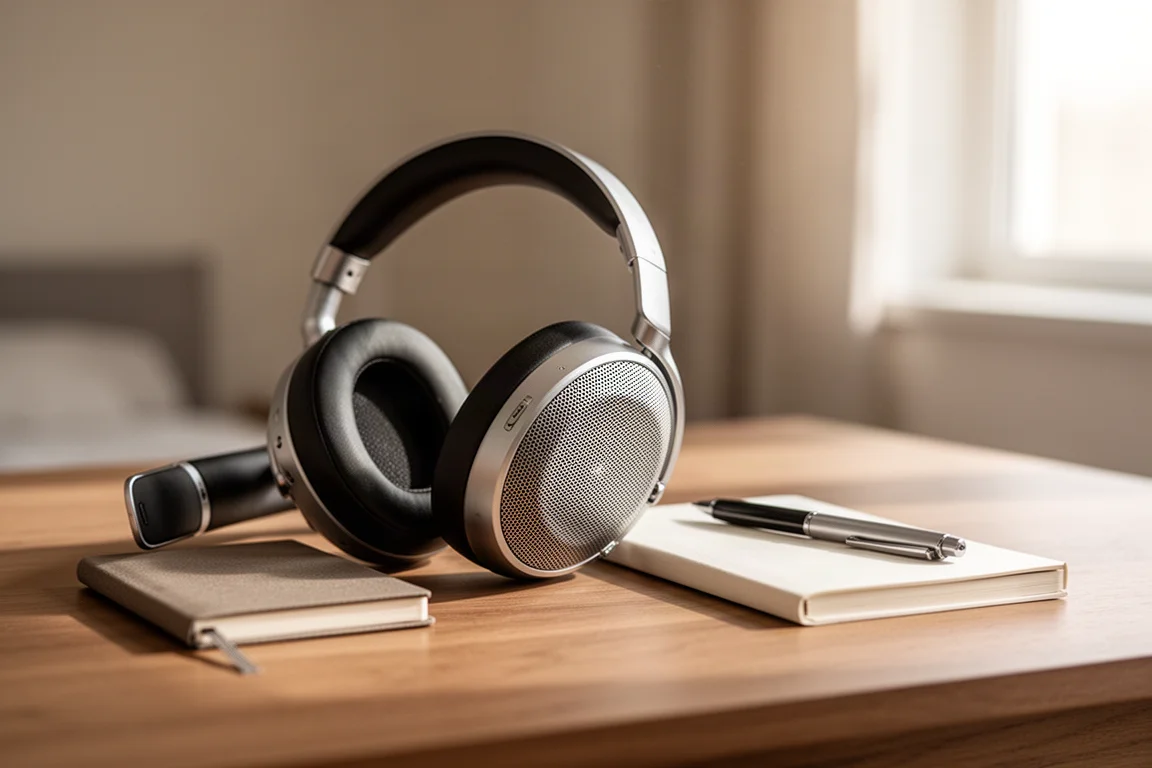 Over-ear headphone earcup resting on a wooden desk in soft window light