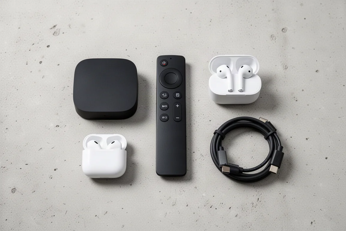 Overhead flat-lay of a streaming box, remote, earbuds and HDMI cable on concrete