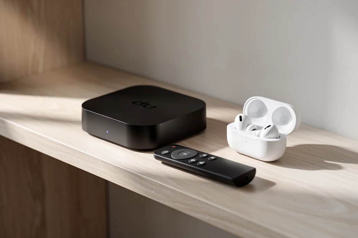 Streaming box, wireless earbuds and remote arranged on a pale wood shelf