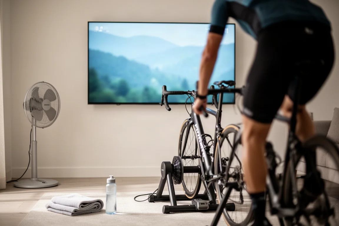 Indoorfietsopstelling met een fiets op een trainer tegenover een grote wandgemonteerde televisie
