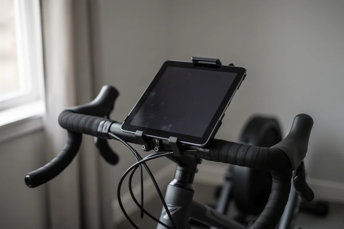 Close-up van een tablet in een fietsstuurhouder binnenshuis
