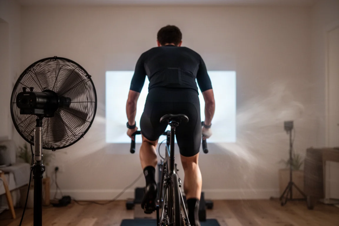 Fietser die binnenshuis trapt, van achteren gezien, met een grote ventilator op de voorgrond