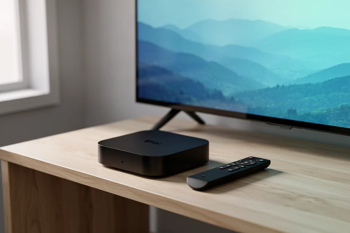 Compact black streaming set-top box and remote on an oak shelf in front of a glowing television