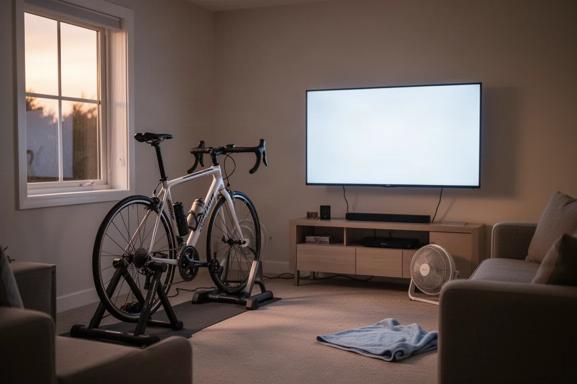 Configuración de ciclismo indoor con una bicicleta sobre un rodillo frente a un televisor grande