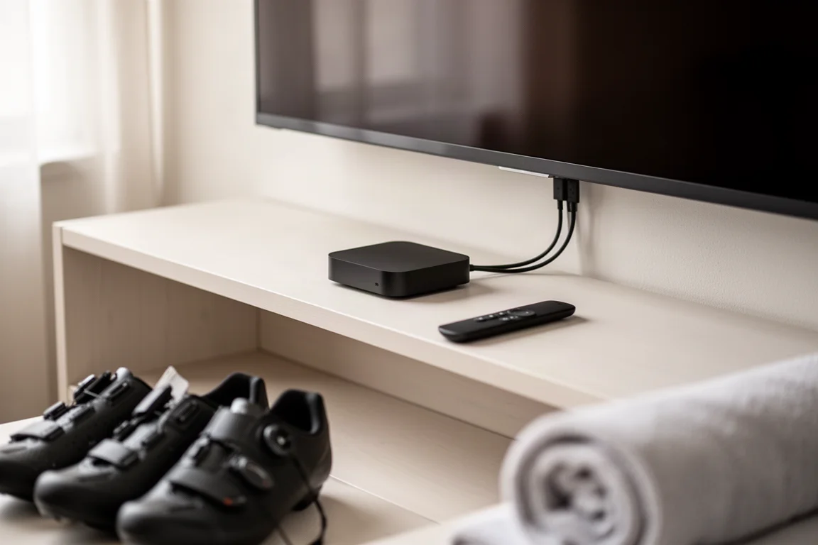 Caja de streaming y mando sobre un mueble multimedia bajo un televisor grande