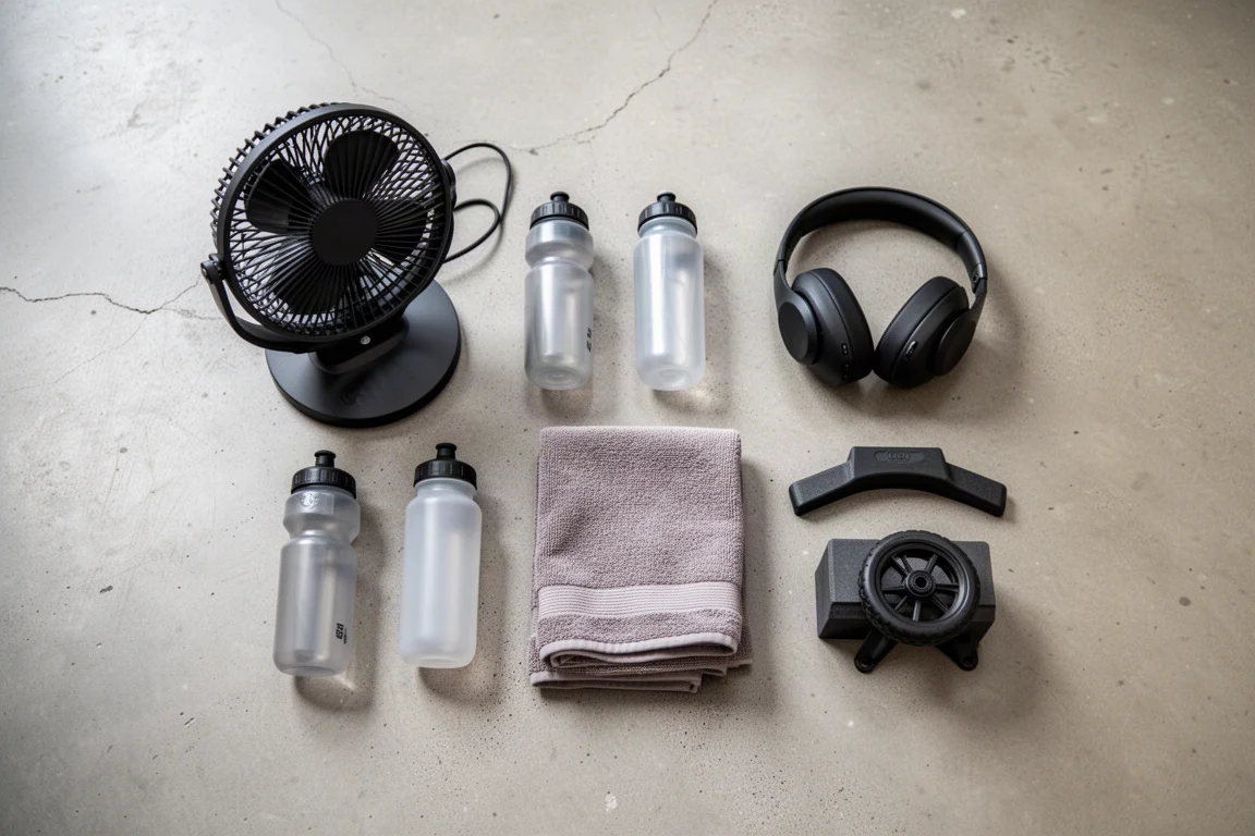 Vista cenital de accesorios de ciclismo indoor: un ventilador, bidones y una toalla