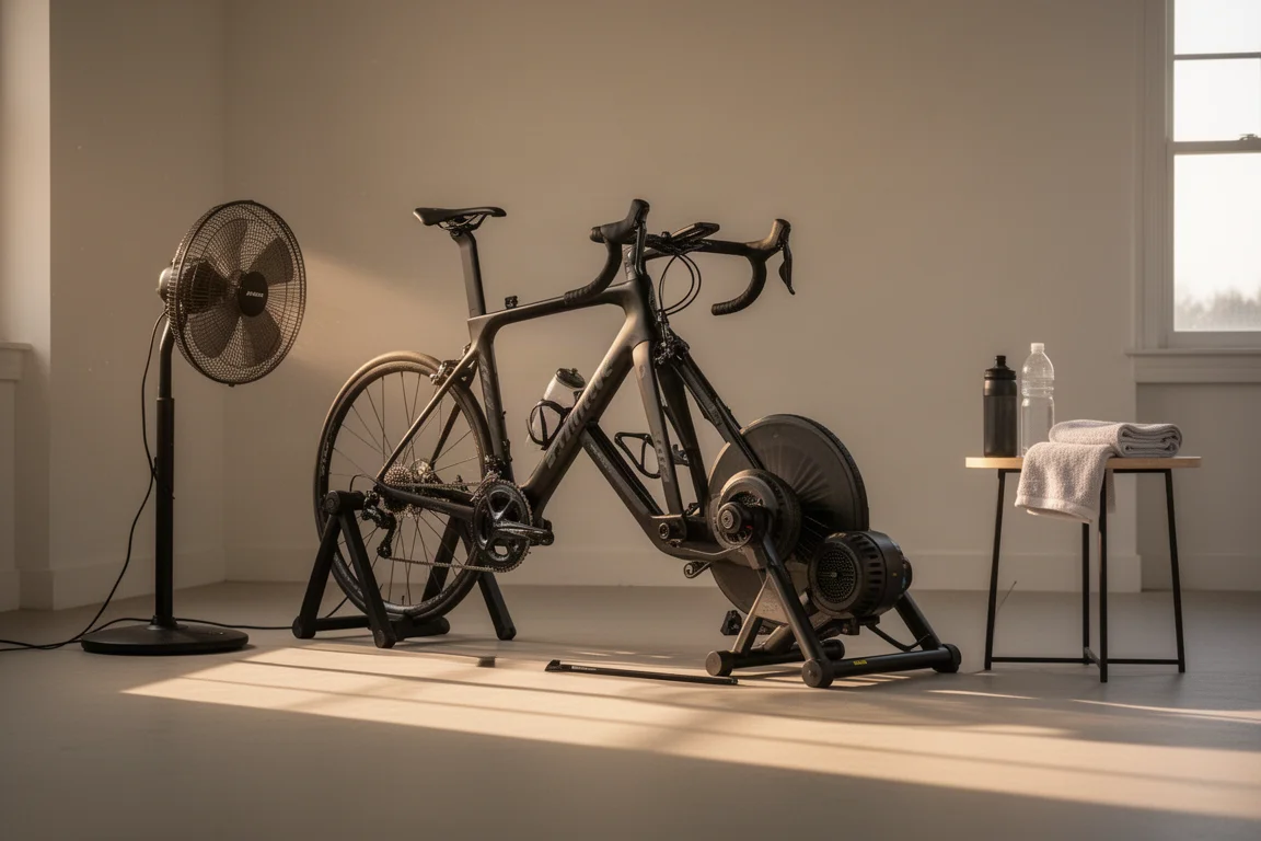 Rincón de entrenamiento indoor con una bicicleta sobre un rodillo de transmisión directa y un ventilador