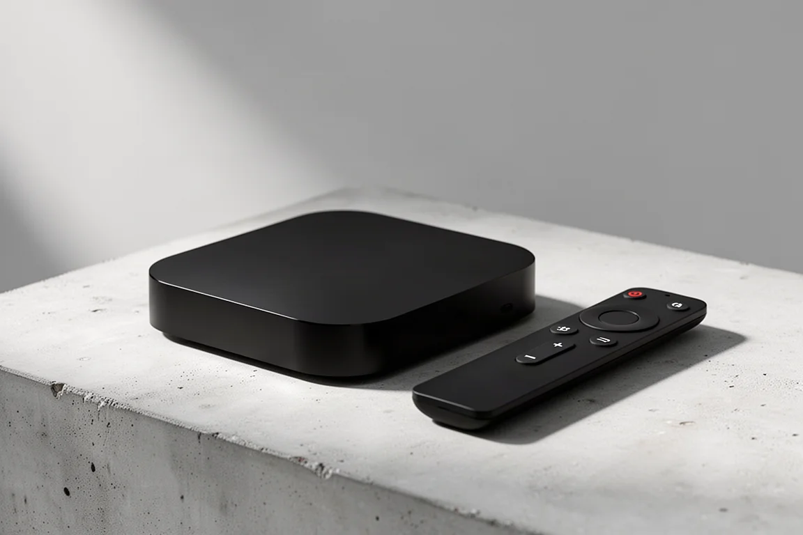 Compact black streaming box and slim remote on a pale concrete surface
