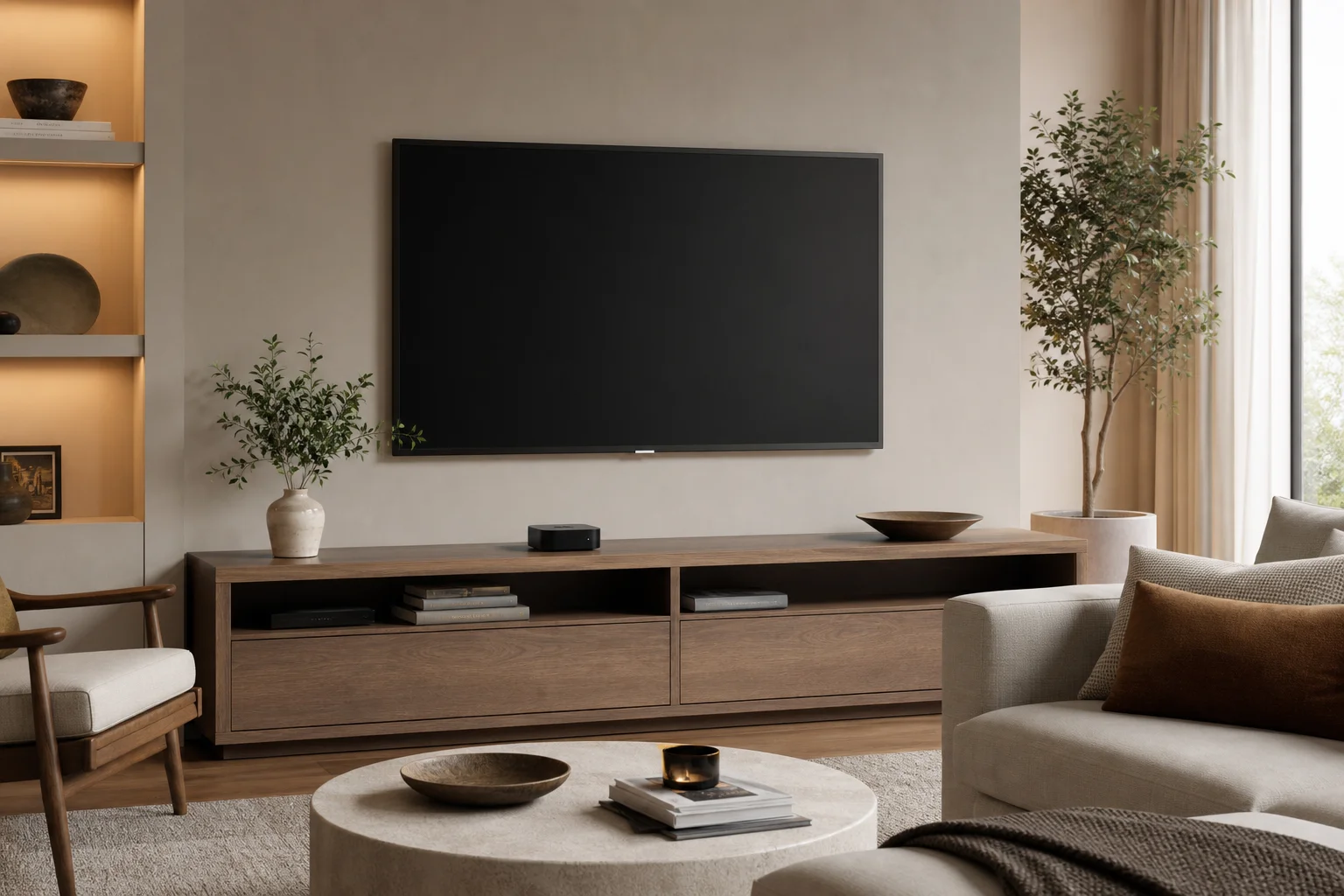 Living room setup with Apple TV connected to a modern television