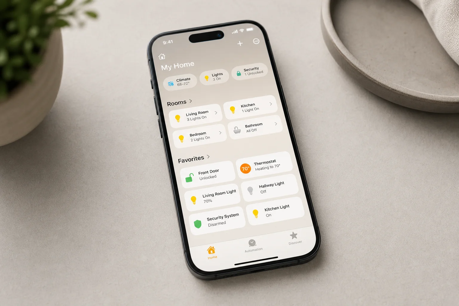 Smartphone displaying HomeKit app with home automation controls
