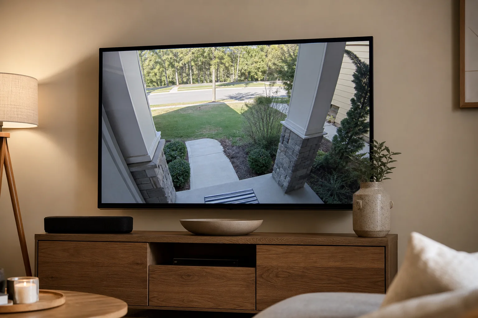 Home security camera feed displayed on a television screen