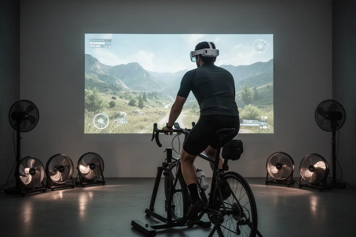 Cyclist on an indoor trainer in a dim room facing a large floating virtual screen