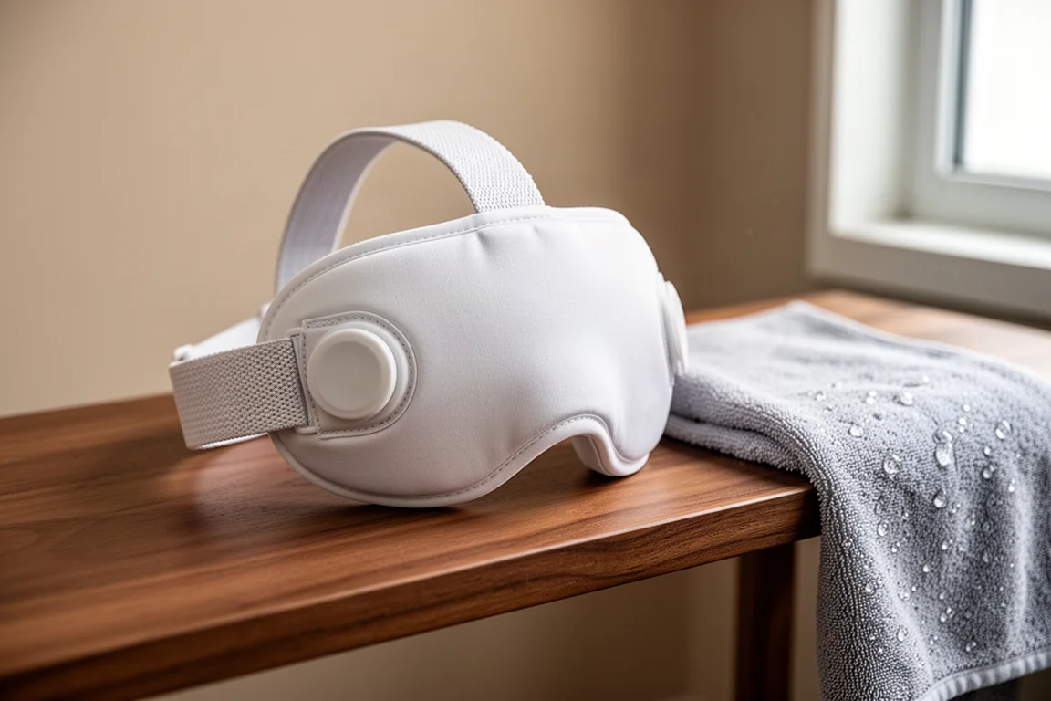 Close-up of a headset fabric cushion and woven strap resting on a wooden bench