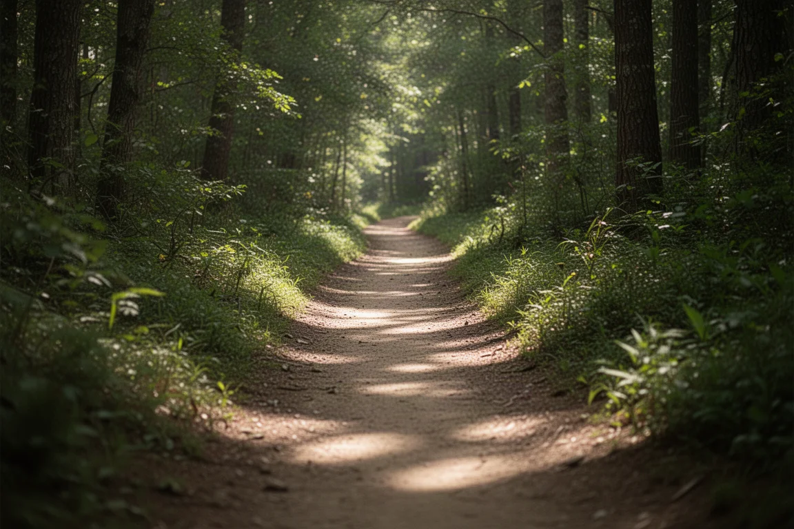 Empty gravel trail winding through dense green forest in soft daylight