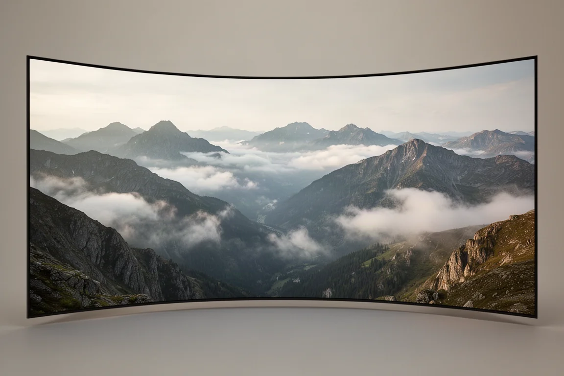 Virtual mountain landscape with clouds seen from above through a headset immersion mode
