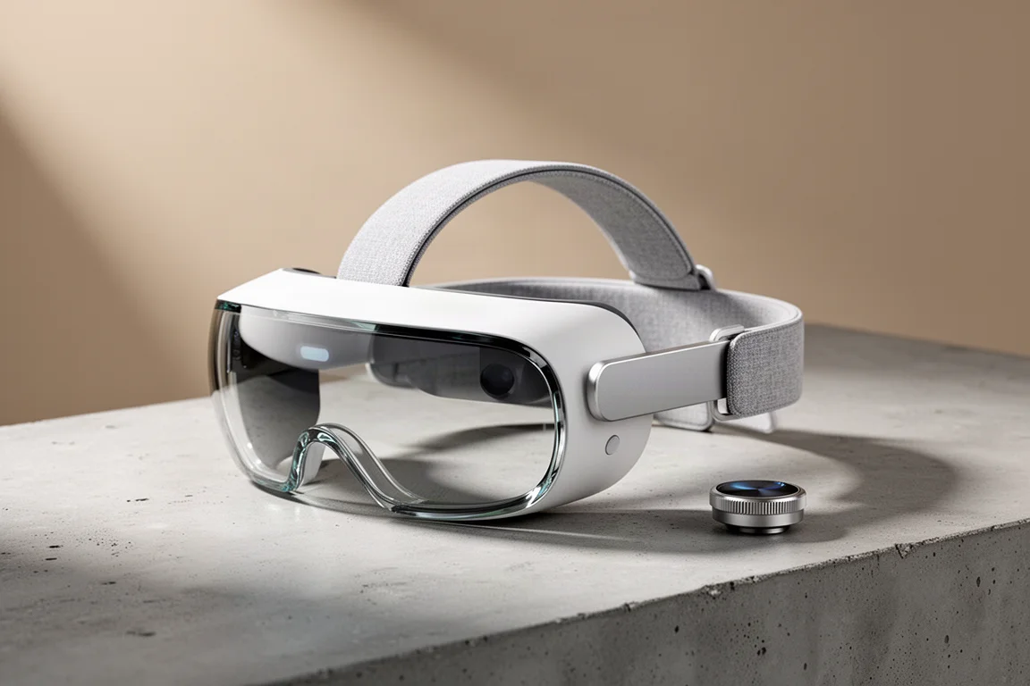 Apple Vision Pro 風格的白色與玻璃混合實境頭戴裝置，置於混凝土表面上
