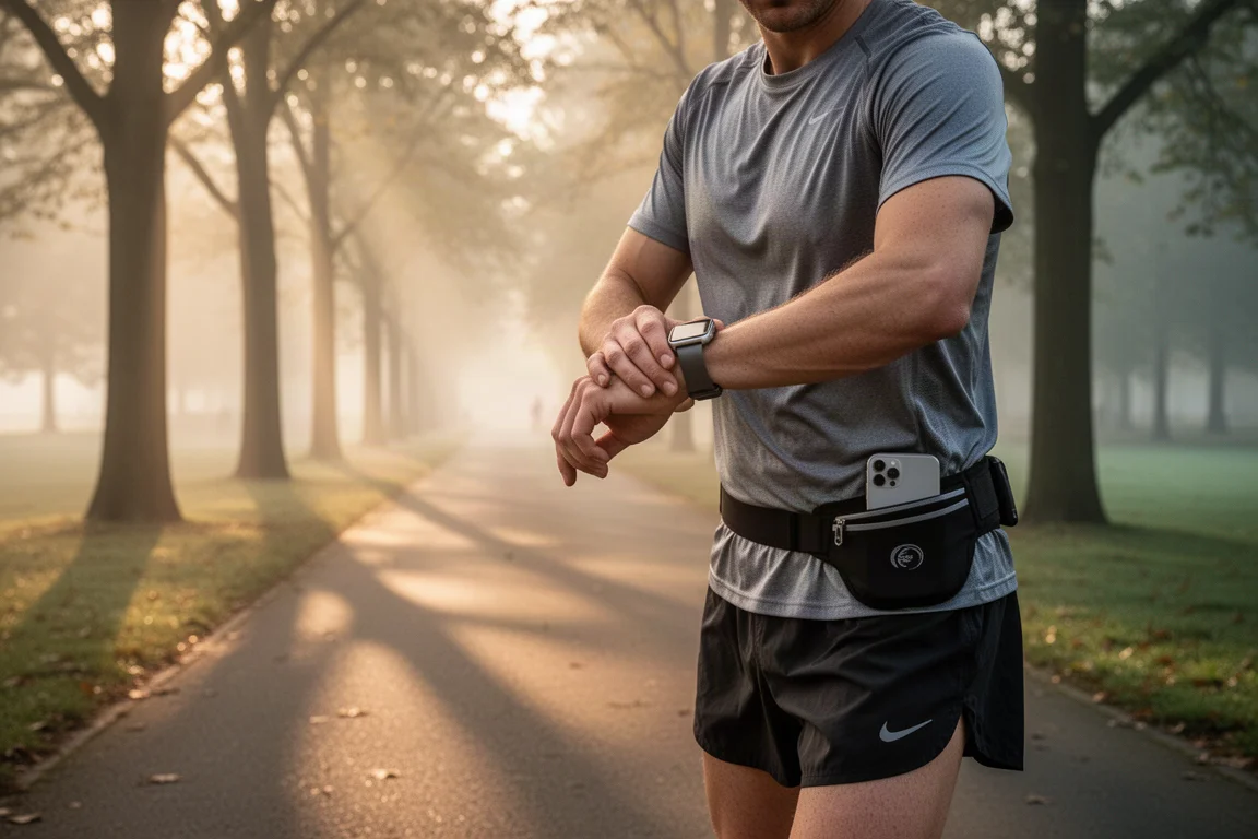 Corredor consultando un smartwatch junto a un teléfono en un sendero de un parque