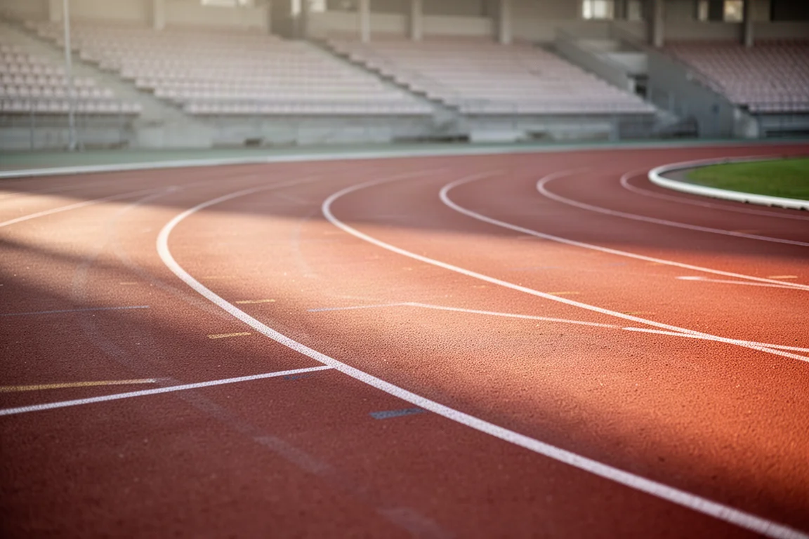 Pista de atletismo con marcas blancas en los carriles bajo la luz de la mañana