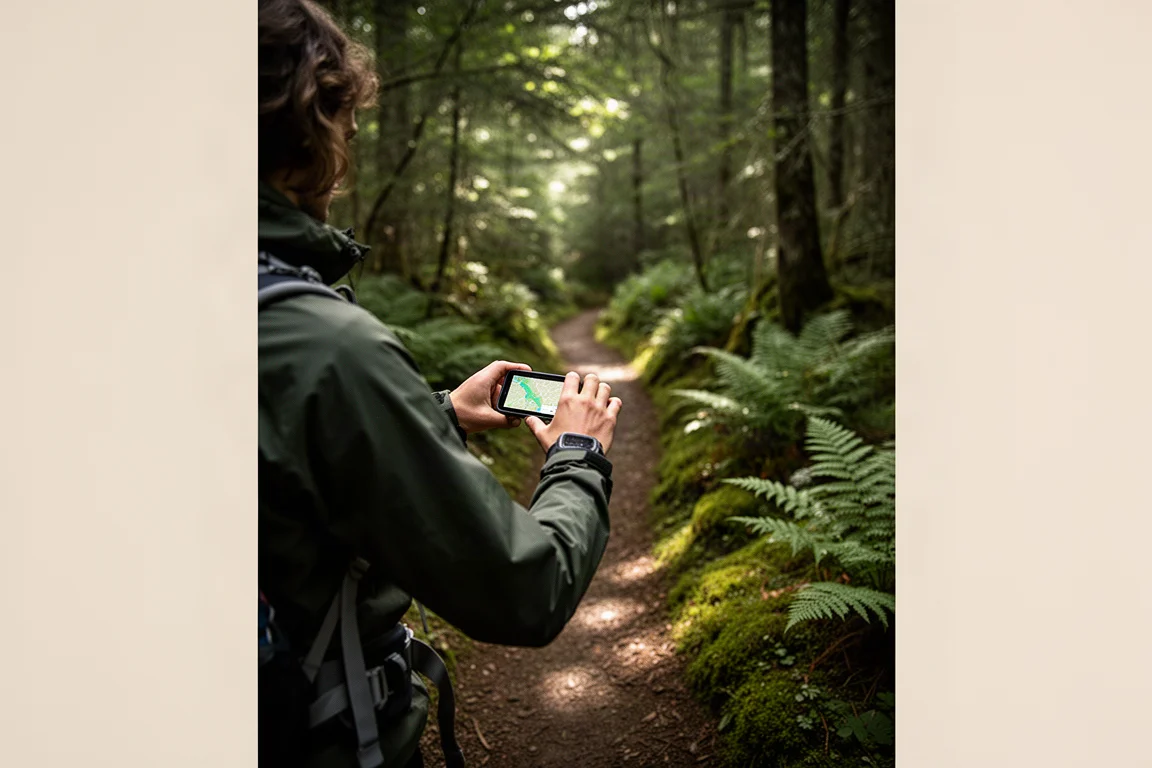 Senderista en un bosque consultando una pantalla de navegación en la muñeca
