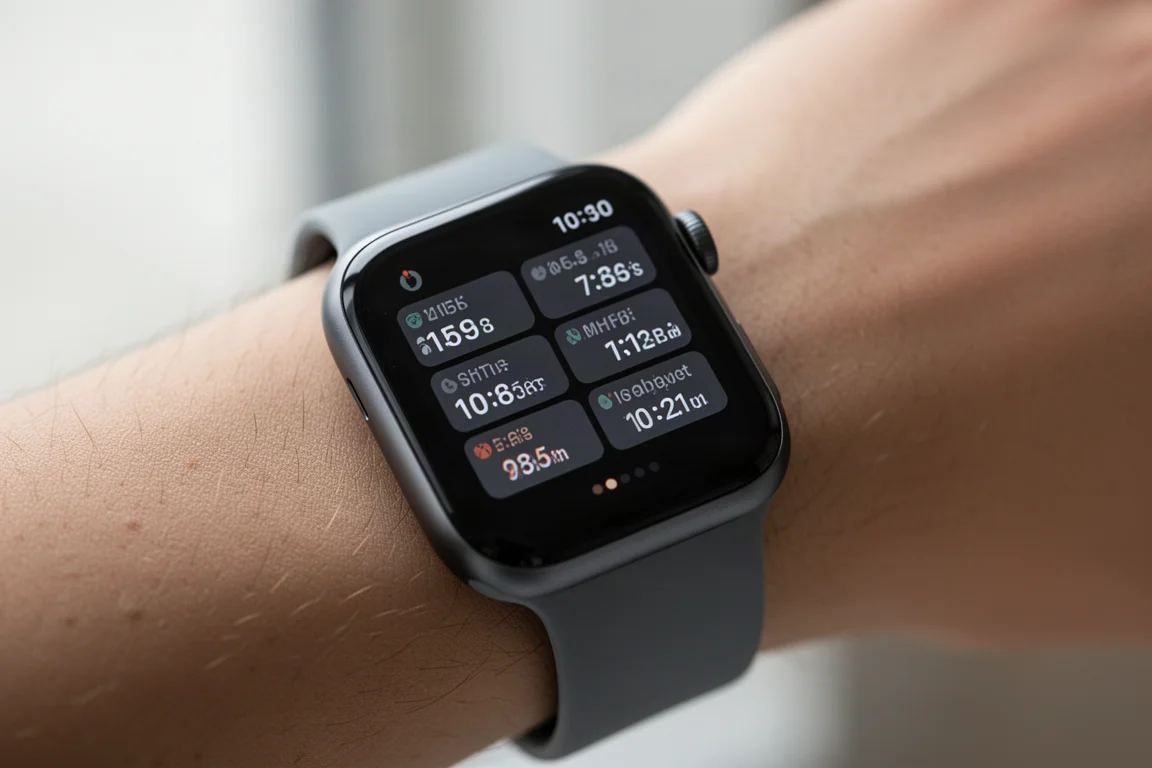 Pantalla de entrenamiento de un smartwatch mostrando métricas de carrera de cerca