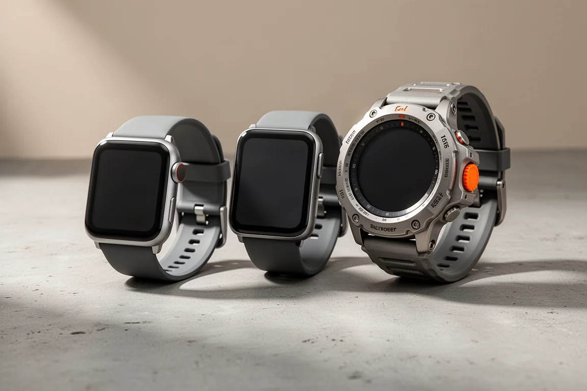 Tre modelli di Apple Watch allineati su una superficie di cemento