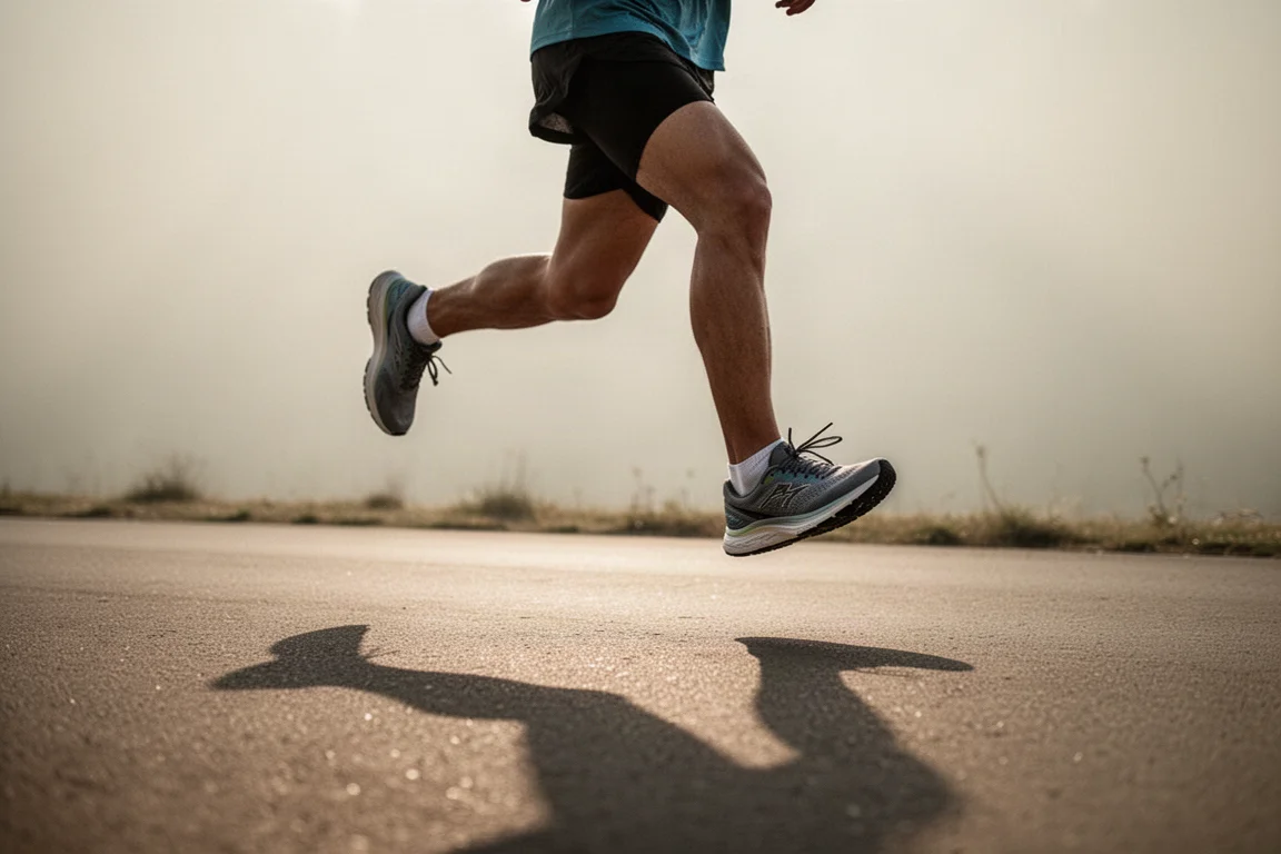 Runner in allenamento su un sentiero di ghiaia in pianura con luce soffusa