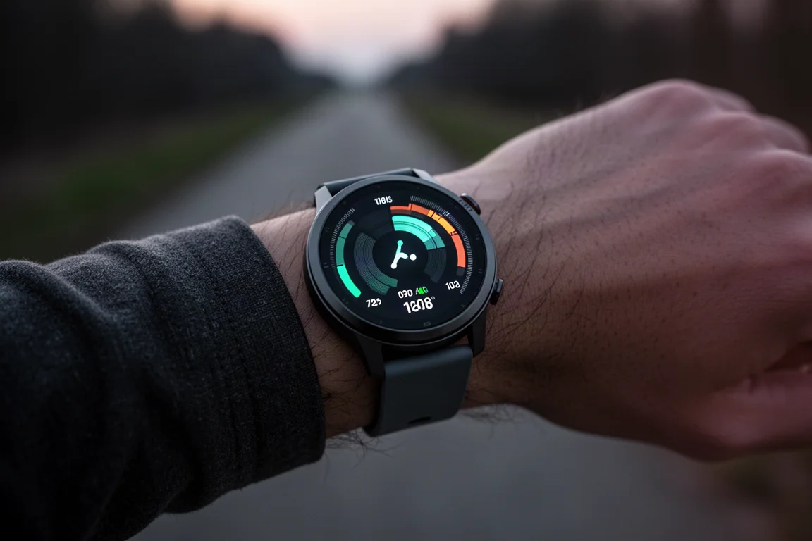 Schermata dati di uno smartwatch con metriche dell'allenamento in tempo reale durante una corsa