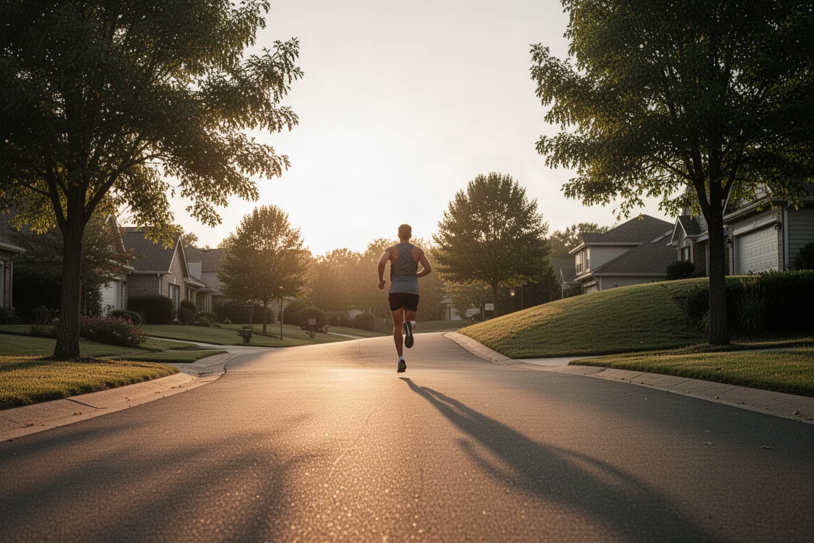 Atleta che esegue ripetute in salita su una strada tranquilla al tramonto
