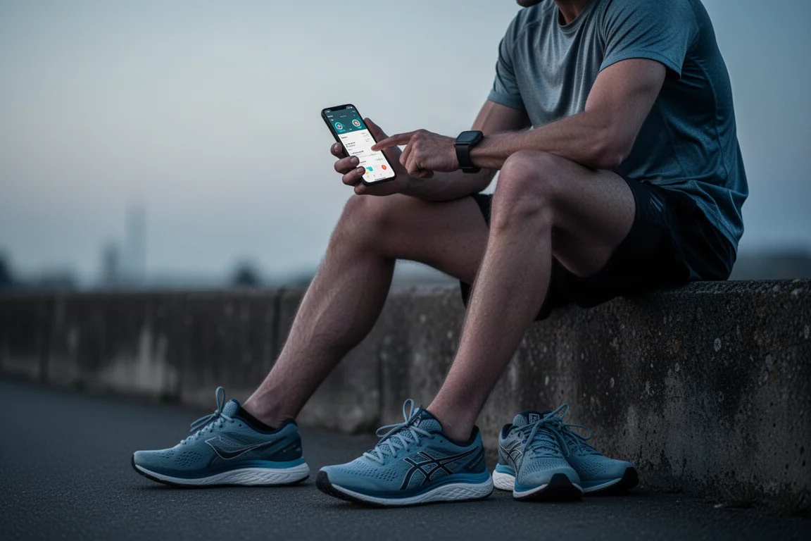 Runner che si allunga e rivede i dati dell'allenamento sul telefono dopo la sessione