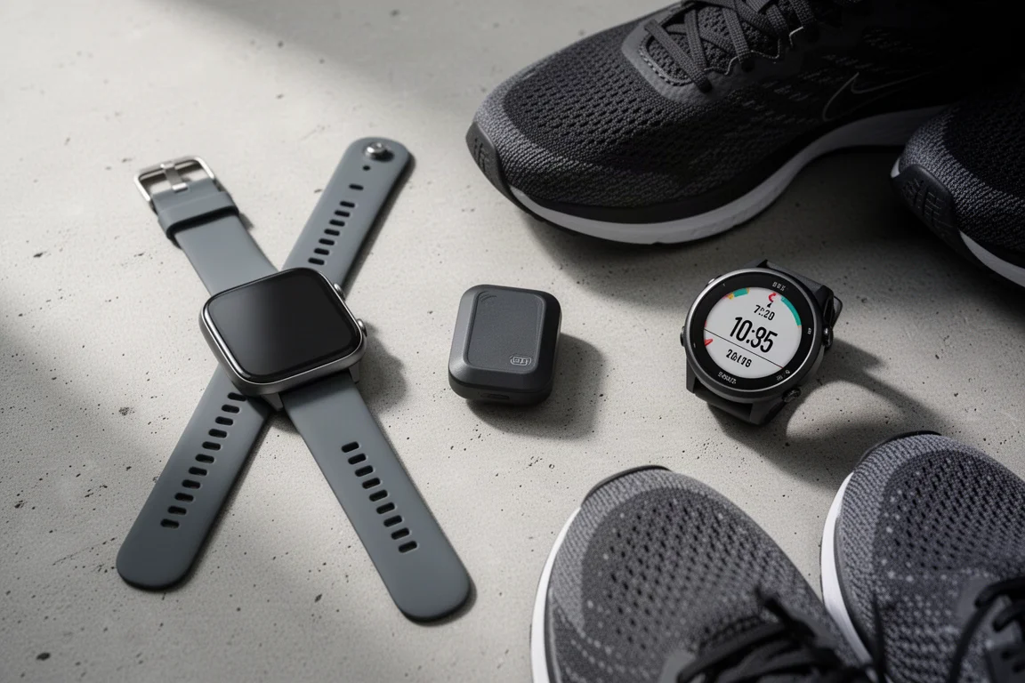 Smartwatch, sensore foot pod e orologio GPS da corsa disposti su una superficie in cemento