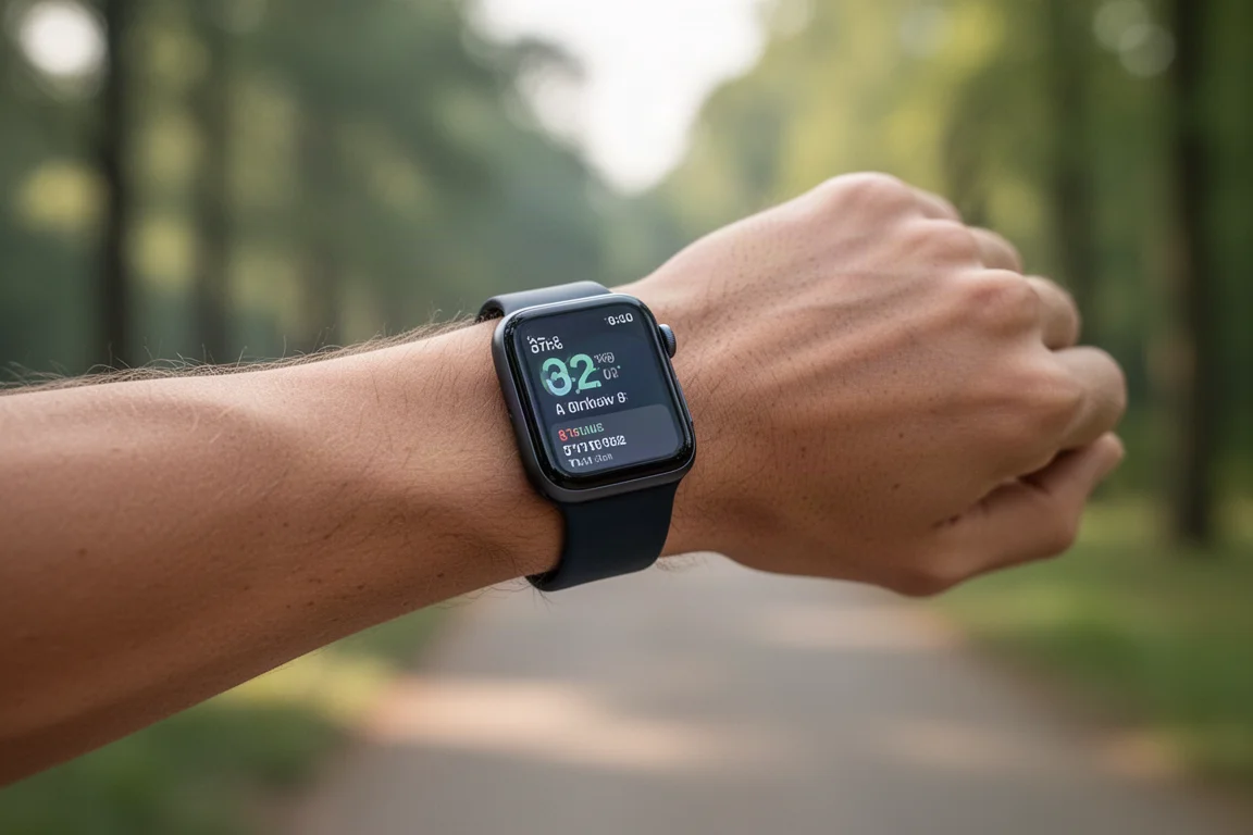 Läufer blickt während des Laufes auf eine Smartwatch, auf einem baumgesäumten Weg
