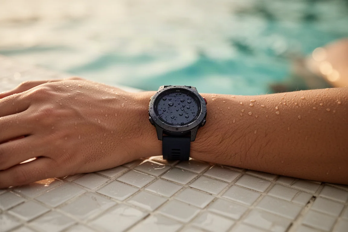 Handgelenk eines Schwimmers mit Smartwatch am Beckenrand