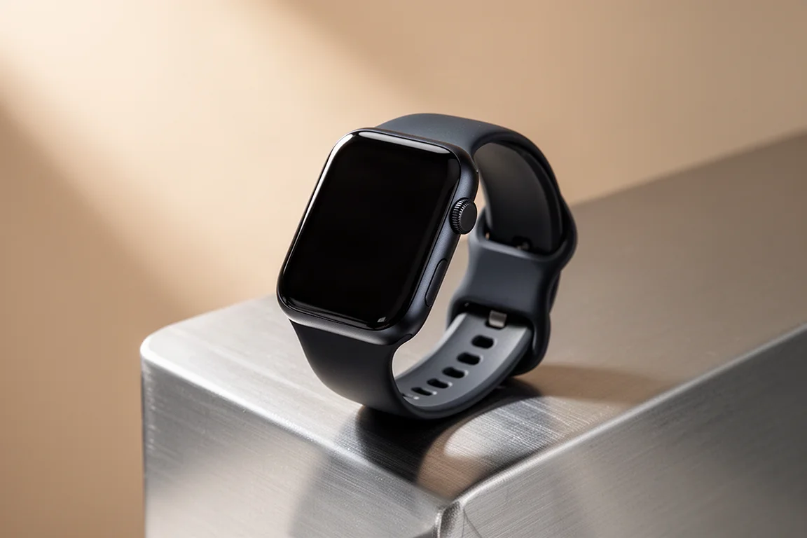 Smartwatch nero mezzanotte con cinturino sportivo su una superficie di alluminio spazzolato