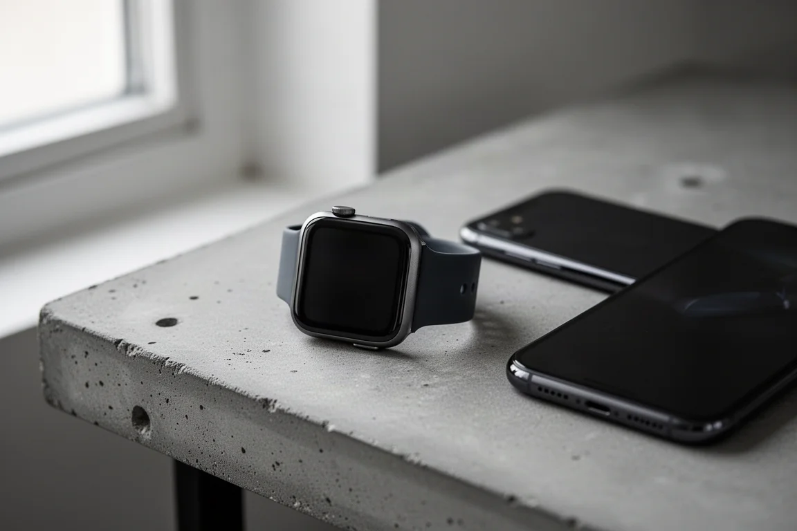 Smartwatch in midnight finish resting on a concrete desk beside a smartphone