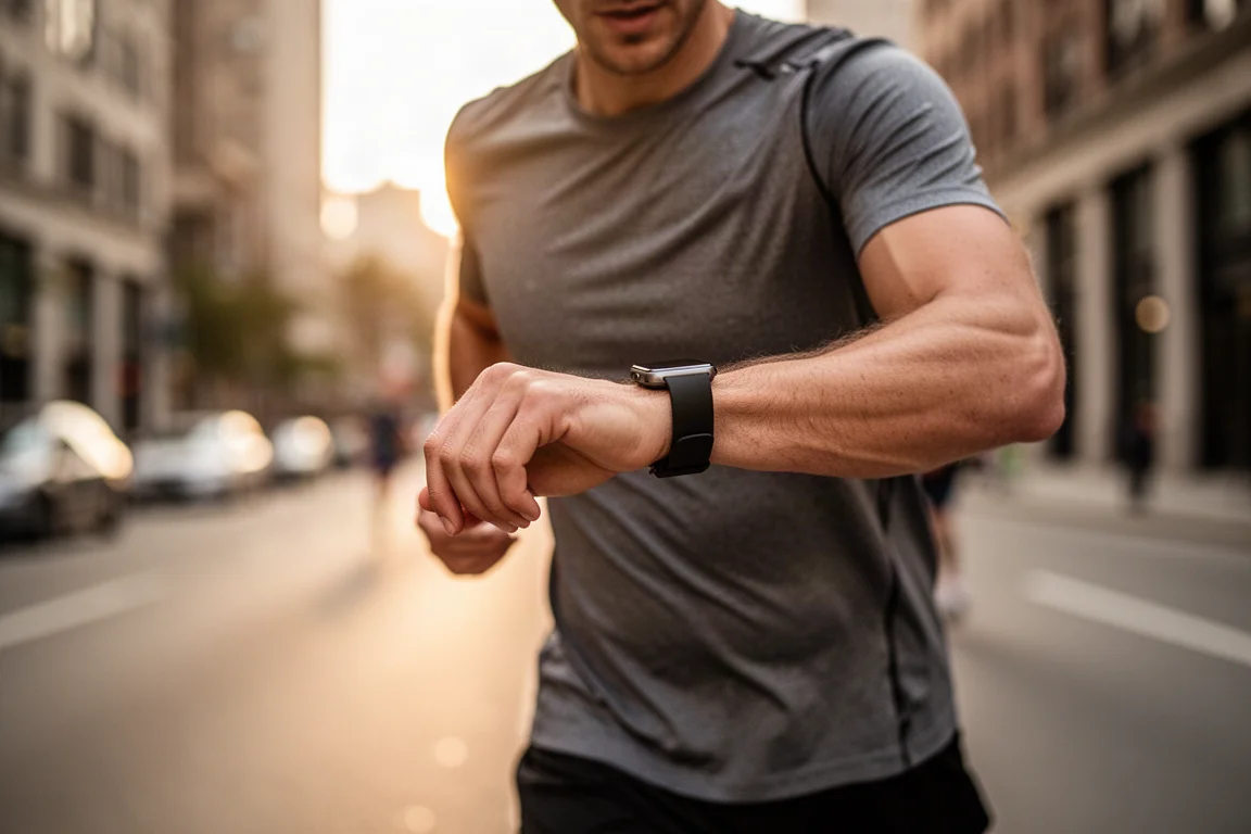 Runner checking a smartwatch during an outdoor run on a city street