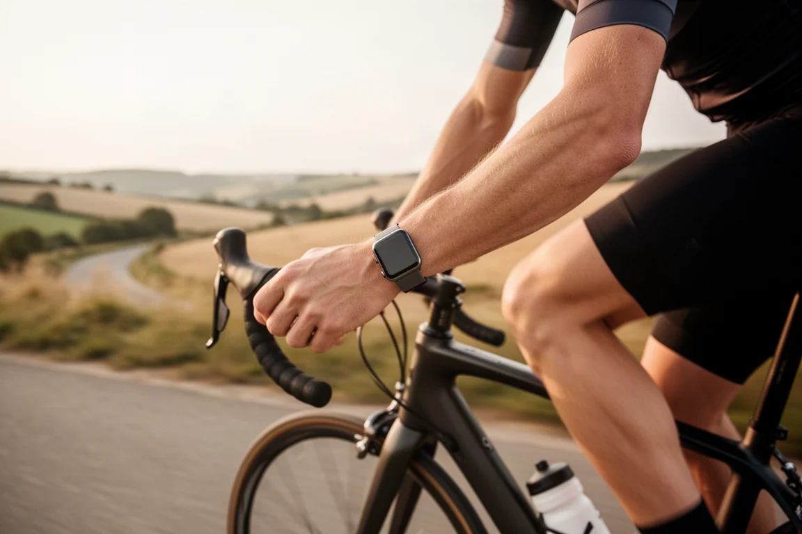Cyclist riding a road bike with a smartwatch on the wrist on open tarmac