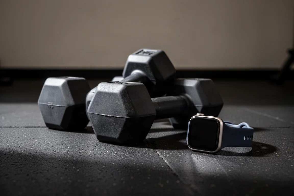Dumbbells and a smartwatch on a gym floor after a training session