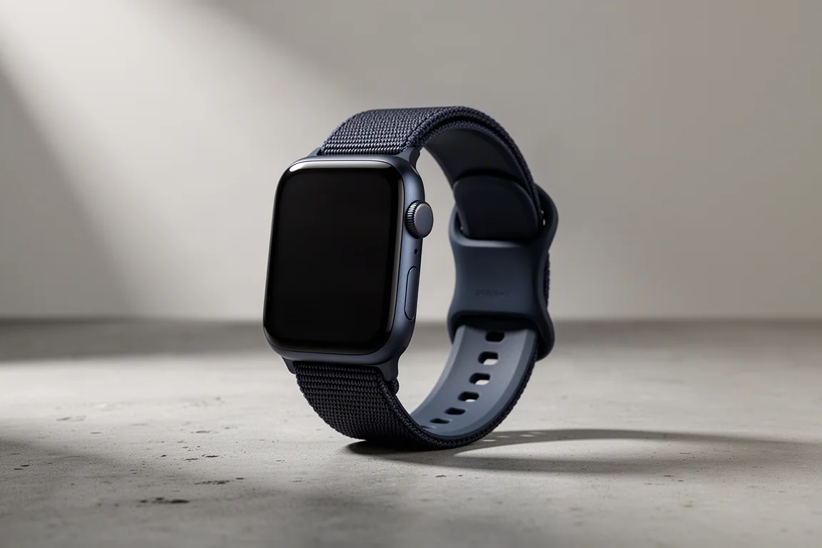 Apple Watch SE 2nd Generation in midnight finish on a concrete surface