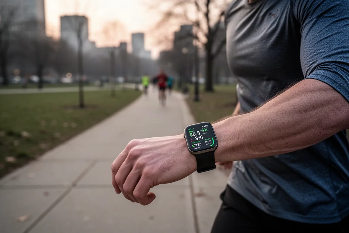 Läufer prüft eine GPS-Smartwatch am Handgelenk auf einem Gehweg im frühen Morgenlicht
