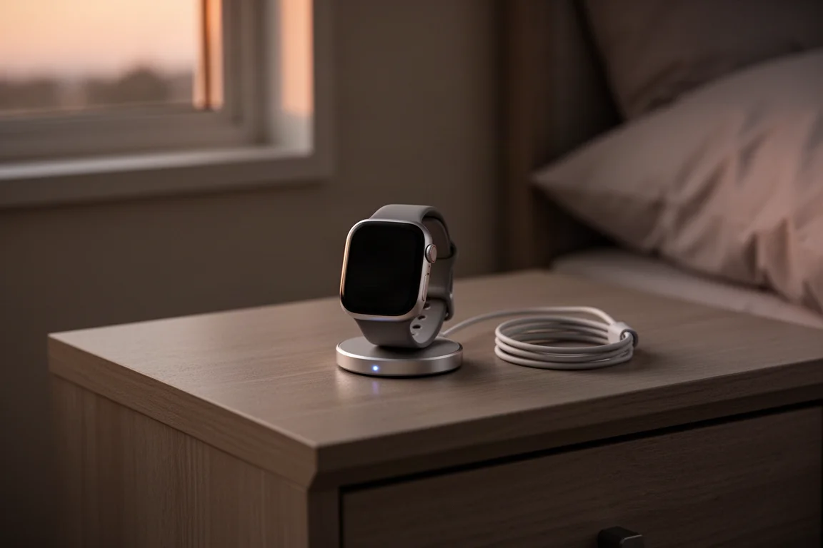 Smartwatch lädt auf einer Nachttisch-Ladestation, das Kabel ordentlich aufgerollt daneben